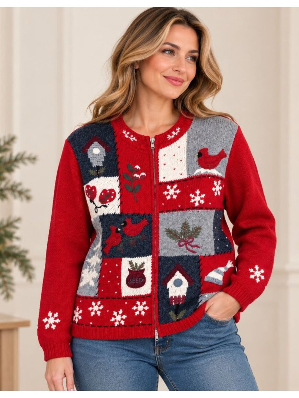Croft Barrow Christmas Patchwork Sweater Size S Vtg Red Cardinal Cardigan Zip Up